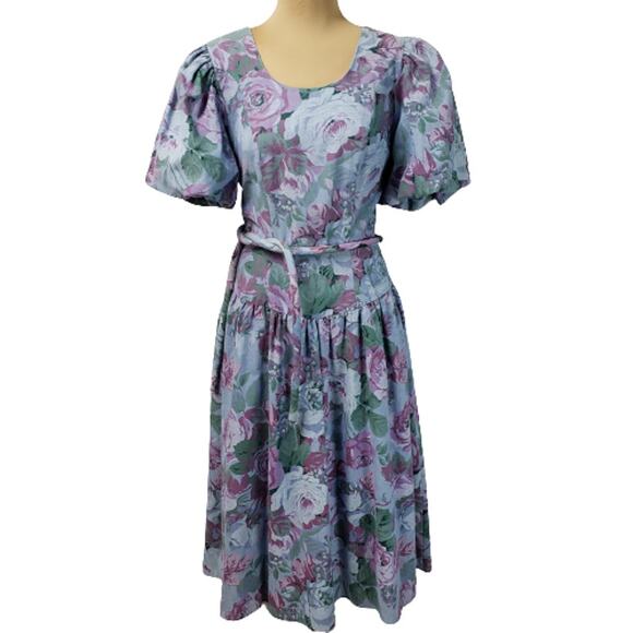 Vintage Dresses & Skirts - Vintage 80s Floral Balloon Puff Sleeve Dress